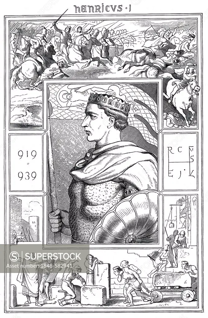 Henry I, 876 - 936, historical illustration from Bildnisse der Deutschen Koenige und Kaiser, Portraits of German Kings and Emperors, by Professor Hein...