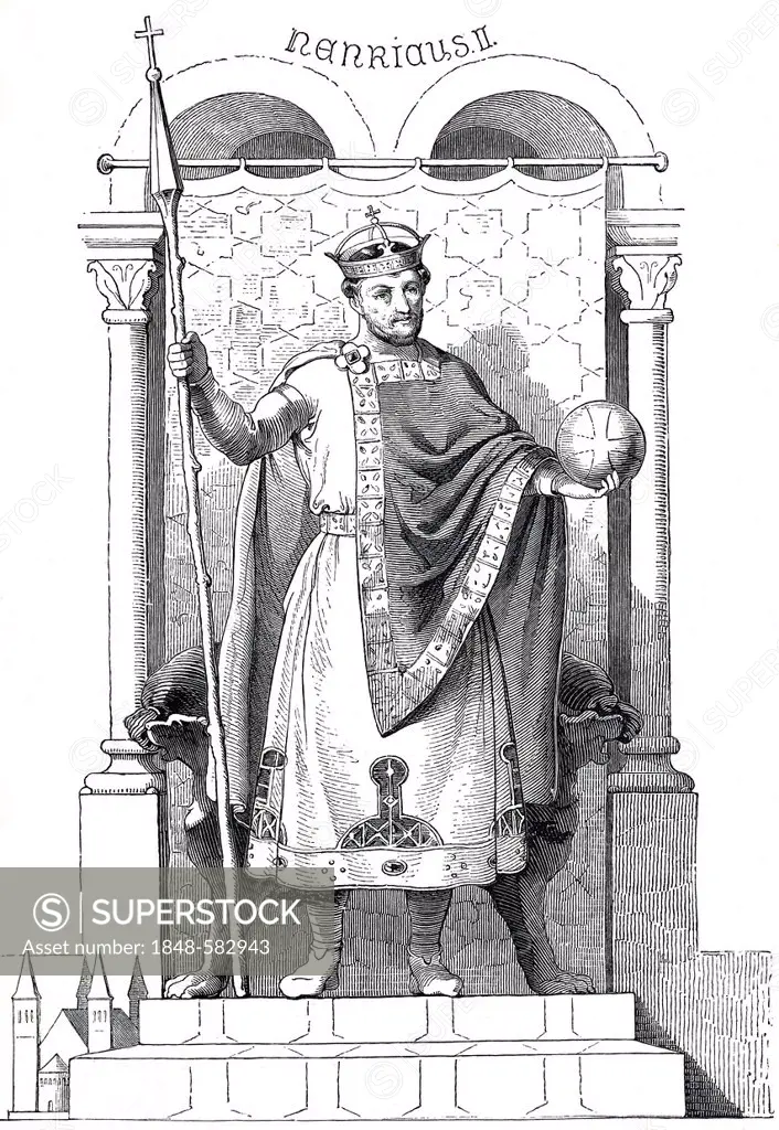 Henry II, 973 - 1024, historical illustration from Bildnisse der Deutschen Koenige und Kaiser, Portraits of German Kings and Emperors, by Professor He...