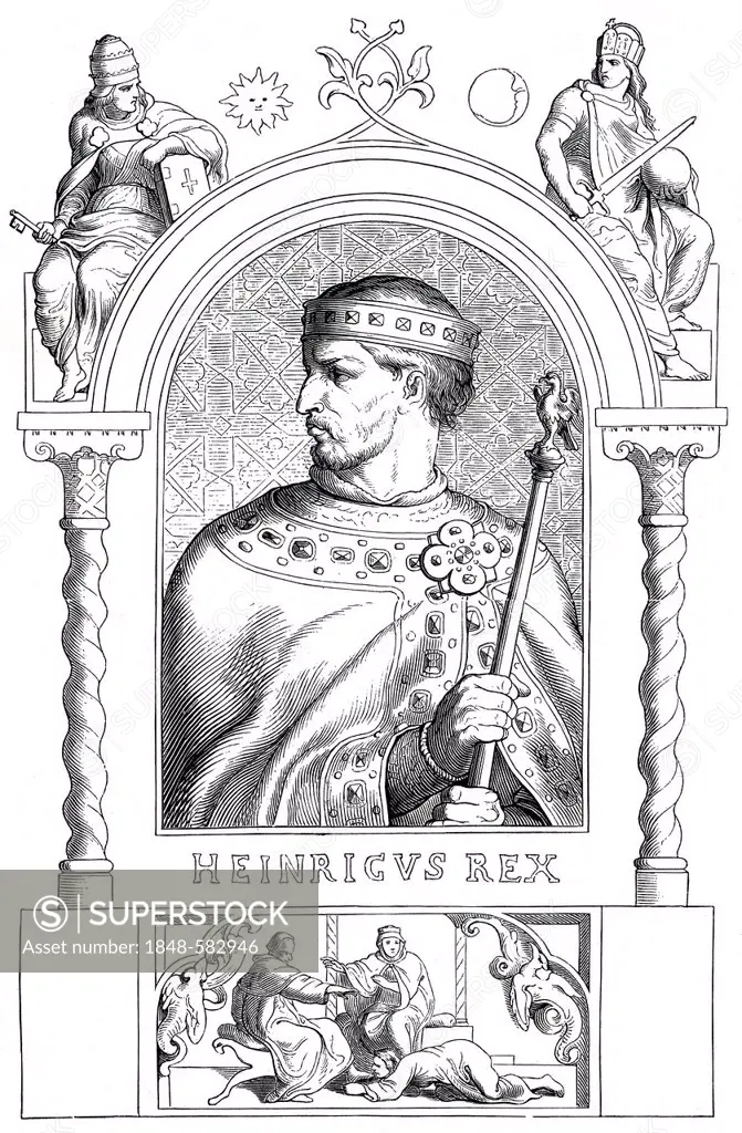 Henry IV, 1050 - 1106, historical illustration from Bildnisse der Deutschen Koenige und Kaiser, Portraits of German Kings and Emperors, by Professor H...