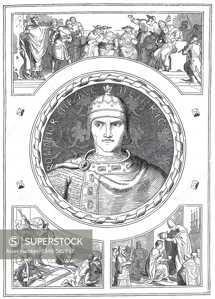 Henry V, 1081 - 1125, historical illustration from Bildnisse der Deutschen Koenige und Kaiser, Portraits of German Kings and Emperors, by Professor He...