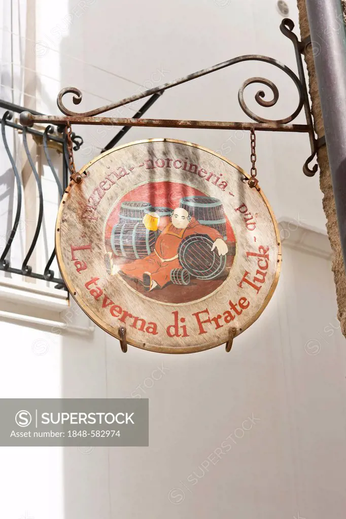 Hanging sign outside a restaurant in Polignano a Mare, Puglia, Apulia, Southern Italy, Italy, Europe
