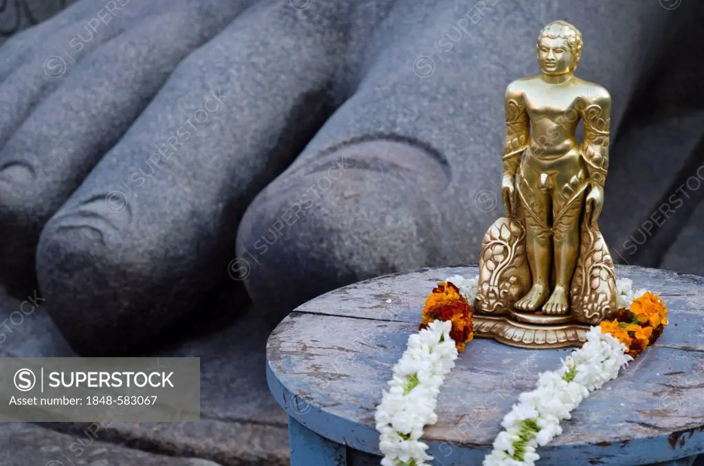 The small statue of Bahubali at the feet of the gigantic staue of Gomateshwara in Sravanabelagola, used for special rituals, Karnataka, India, Asia