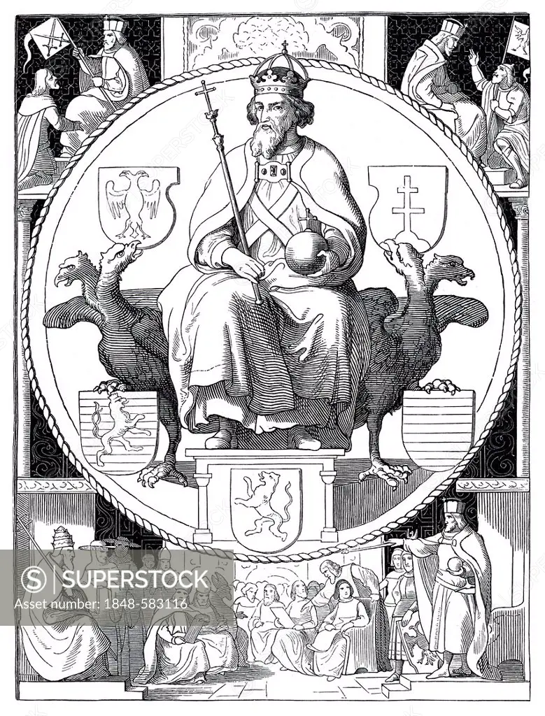 Sigismund of Luxembourg, 1368 - 1437, historical illustration from Bildnisse der Deutschen Koenige und Kaiser, Portraits of German Kings and Emperors,...