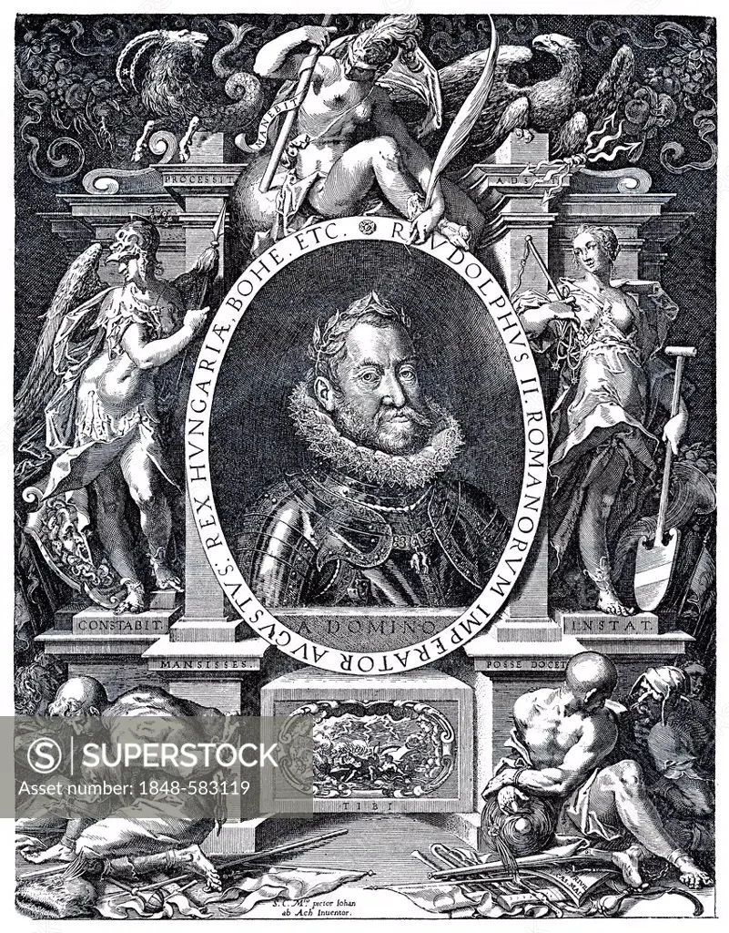 Allegory of the reign of Emperor Rudolph II, 1552 - 1612, copper engraving by Egidius Sadeler from the 17th Century