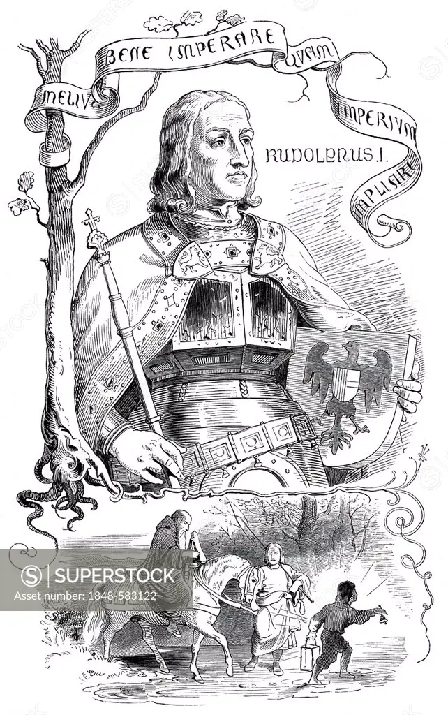 Rudolf von Habsburg, 1218 - 1291, historical illustration from Bildnisse der Deutschen Koenige und Kaiser, Portraits of German Kings and Emperors, by ...