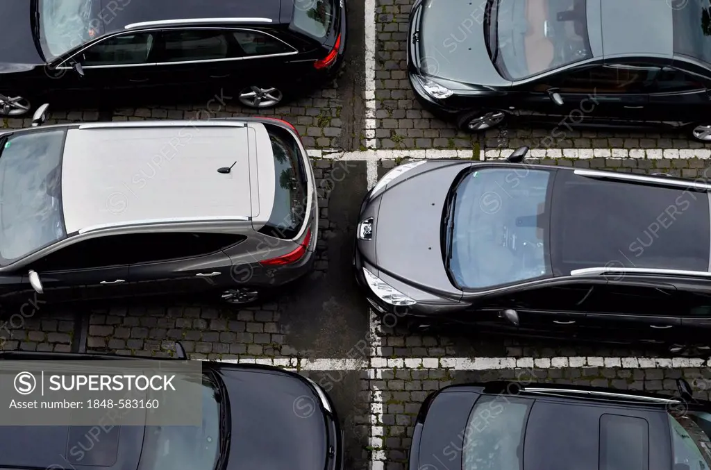 Parked cars seen from a bird's eye view, Duesseldorf, North Rhine-Westphalia, Germany, Europe