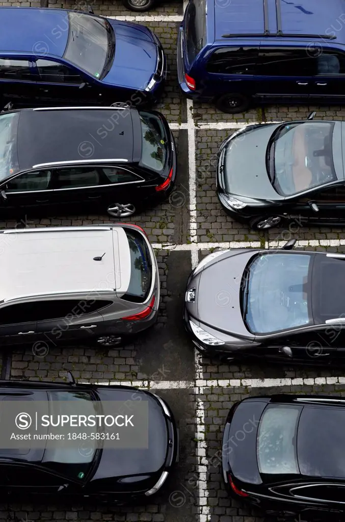 Parked cars seen from a bird's eye view, Duesseldorf, North Rhine-Westphalia, Germany, Europe