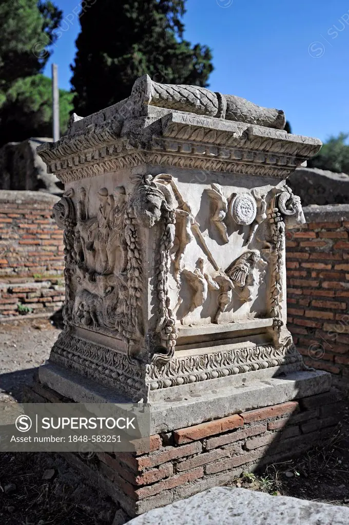 Relief on the sacred altar of Romulus and Remus, Sacello dell 'Ara Tues Romolo e Remo, Ostia Antica archaeological site, ancient port city of Rome, La...