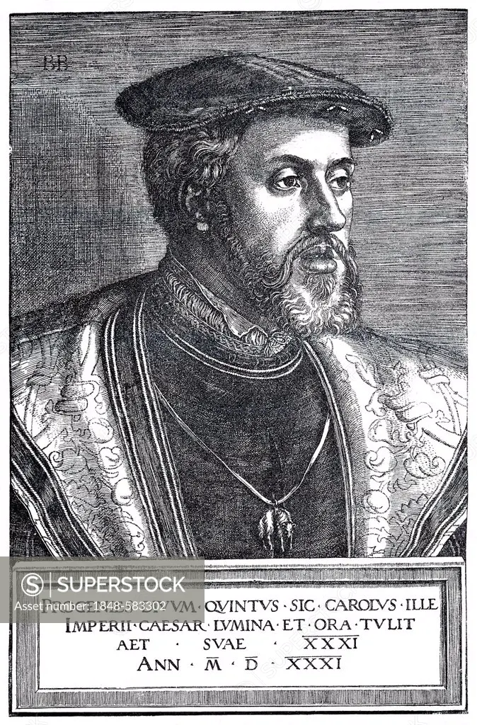 Emperor Charles V, 1500 - 1558, Emperor of the Holy Roman Empire, copper engraving by Barthel Beham, dating from 1531