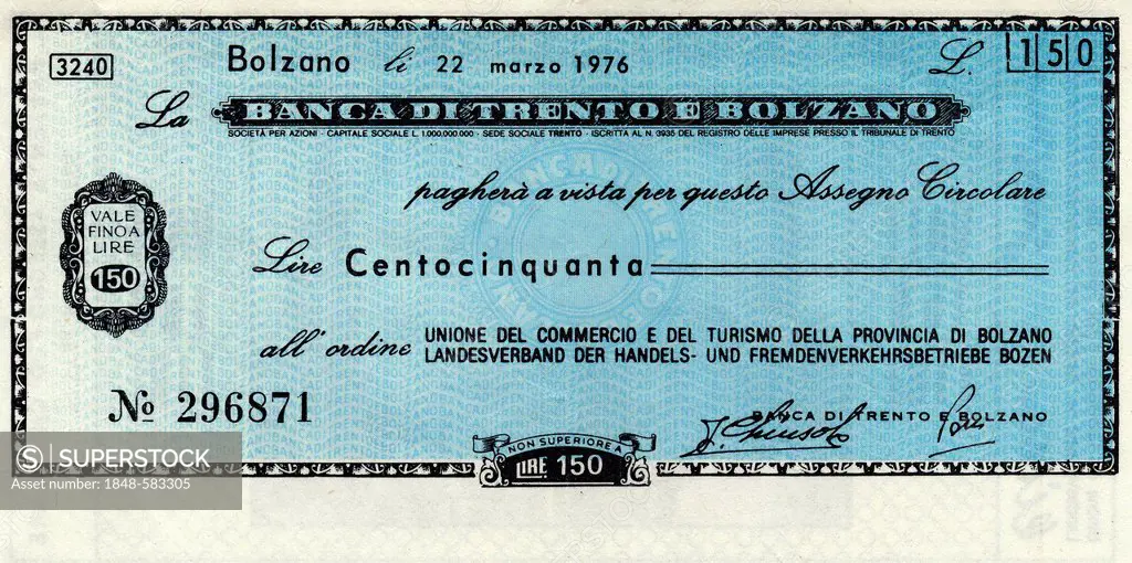 Banca di Trento e Bolzano, Bolzano, Miniassegno, Italian bank transfer, money order, check with a low value, a kind of emergency paper money, 150 Lire...