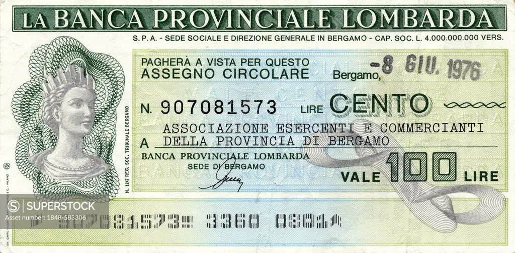 La Banca Provinciale Lombarda, Bergamo, Miniassegno, Italian bank transfer, money order, check with a low value, a kind of emergency paper money, 100 ...