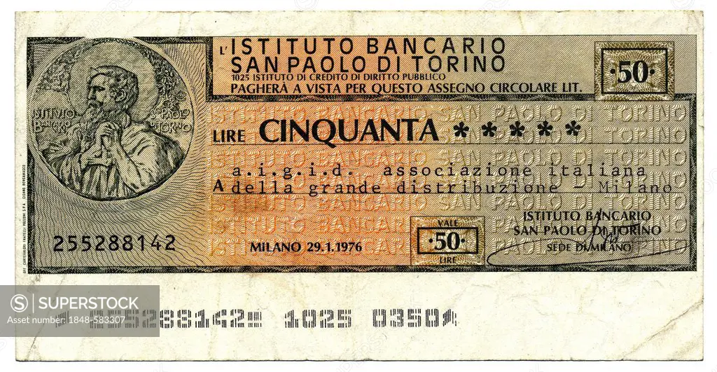 Instituto Bancario San Paolo di Torino, Turin, Miniassegno, Italian bank transfer, money order, check with a low value, a kind of emergency paper mone...