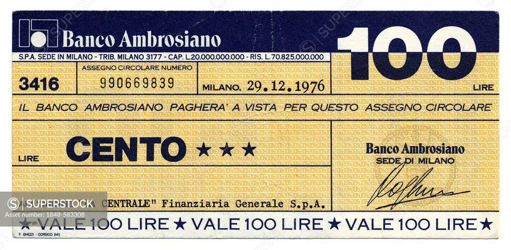 Il Banco Ambrosiano, Milan, Miniassegno, Italian bank transfer, money order, check with a low value, a kind of emergency paper money, 100 Lire, 1976, ...