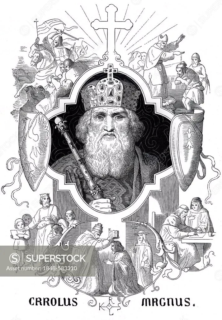 Charles the Great, Carolus Magnus, Charlemagne, historical illustration from Bildnisse der Deutschen Koenige und Kaiser, Portraits of German Kings and...