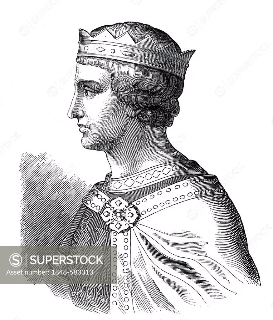 Frederick II, 1194 - 1250, historical illustration from Bildnisse der Deutschen Koenige und Kaiser, Portraits of German Kings and Emperors, by Profess...