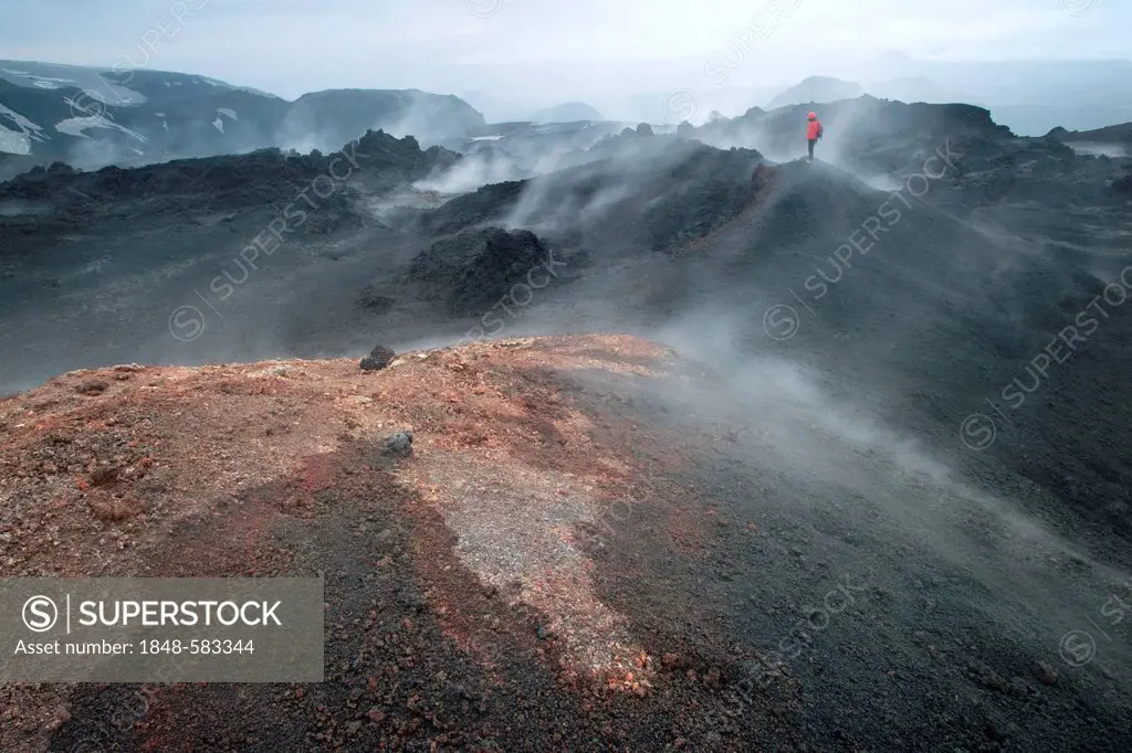 Hikers overlooking the steaming lava field formed during the eruption of a fissure vent in the Fimmvoerðuháls region in 2010, Fimmvoerðuháls hiking ro...
