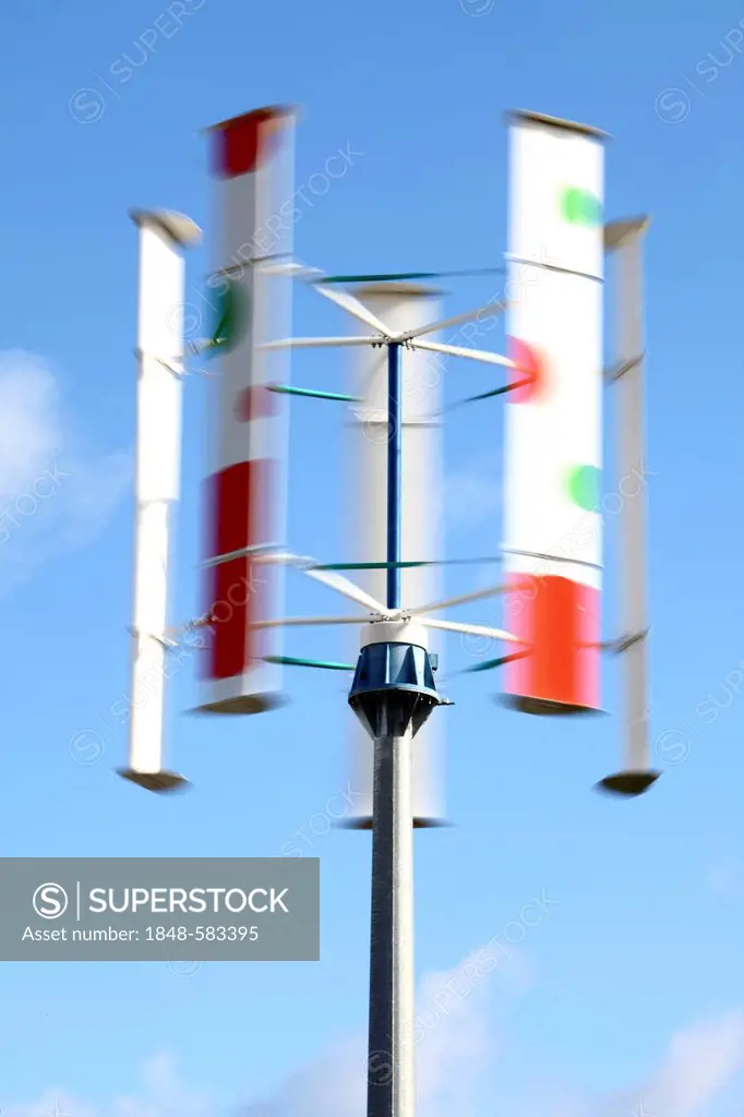Vertical wind turbine, so-called cross-turners, testing facility of the local utility provider, Emscher-Lippe-Energie, feeding green electricity into ...