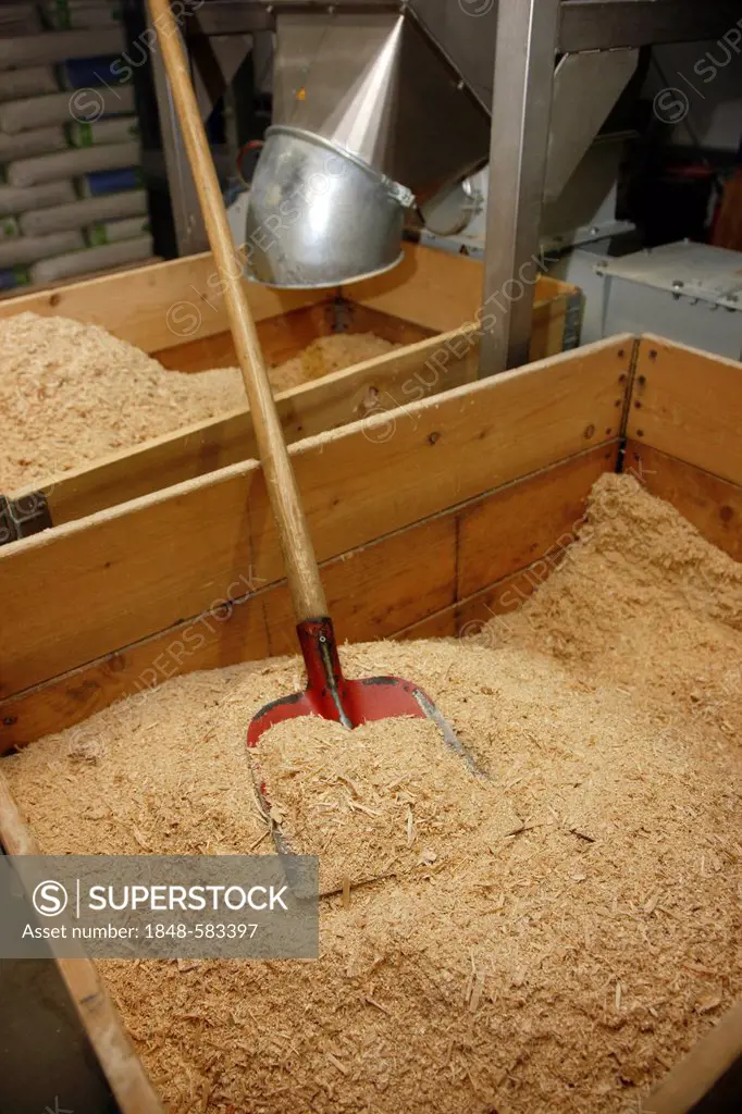 Raw wood chips for the manufacture of wood pellets for heating, at the WestPellets company in Titz, North Rhine-Westphalia, Germany, Europe