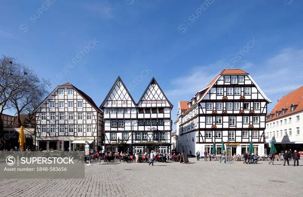 Half-timbered houses on the market square, Haus Im Wilden Mann building, Soest, North Rhine-Westphalia, Germany, Europe, PublicGround