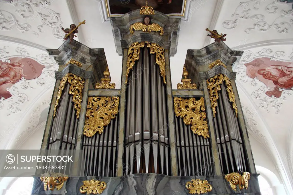 Organ, organ pipes, Catholic Church of St. Simon and Jude, Uttenweiler, Upper Swabia, Baden-Wuerttemberg, Germany, Europe