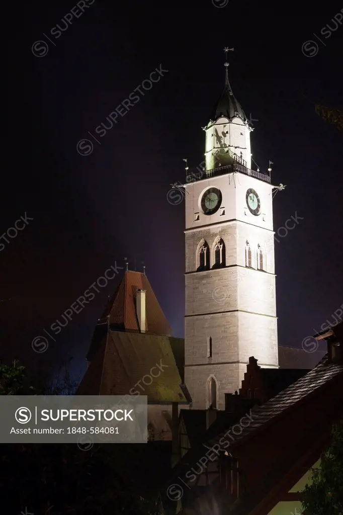 St. Nikolaus parish church at night, Ueberlingen, Lake Constance district, Baden-Wuerttemberg, Germany, Europe