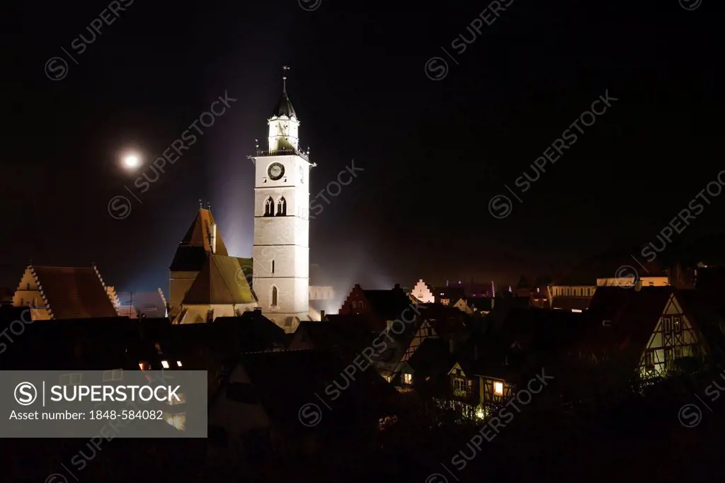 St. Nikolaus parish church at night with moon rising, Ueberlingen, Lake Constance district, Baden-Wuerttemberg, Germany, Europe
