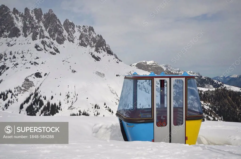 Decommissioned gondola of a cable car as shelter on the summit of Mt Hochkeil, Salzburg region, Northern Limestone Alps, Austria, Europe