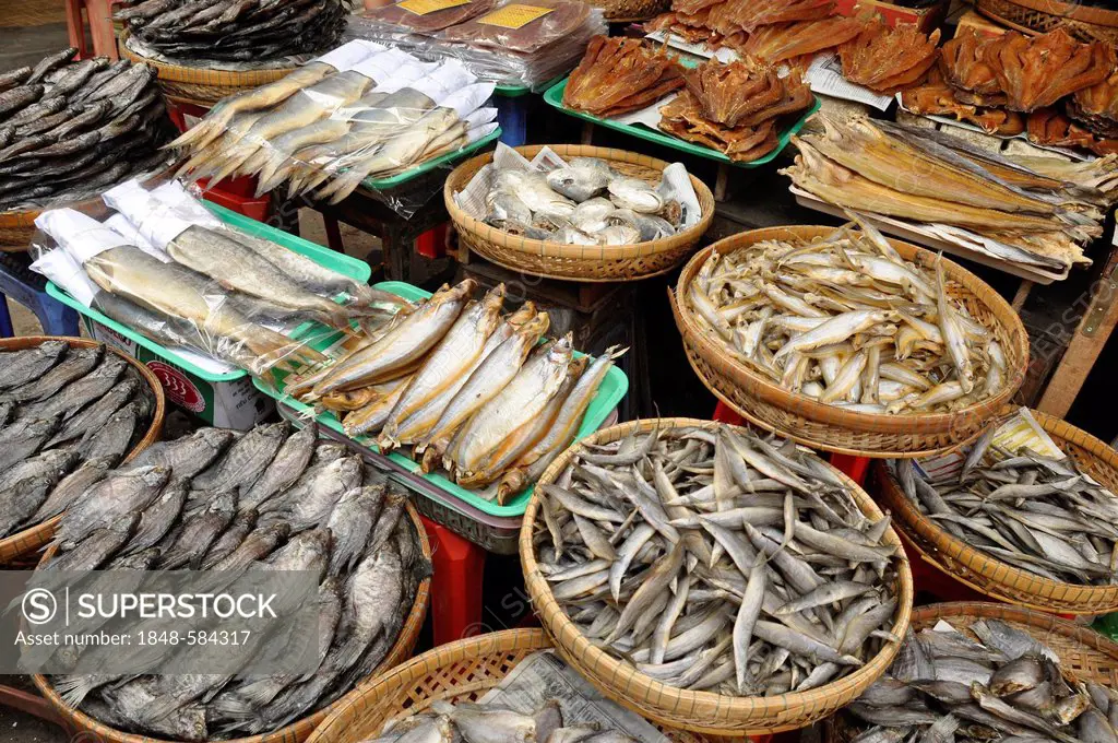 Dried fish at a market, Chau Doc, Mekong Delta, Vietnam, Southeast Asia, Asia