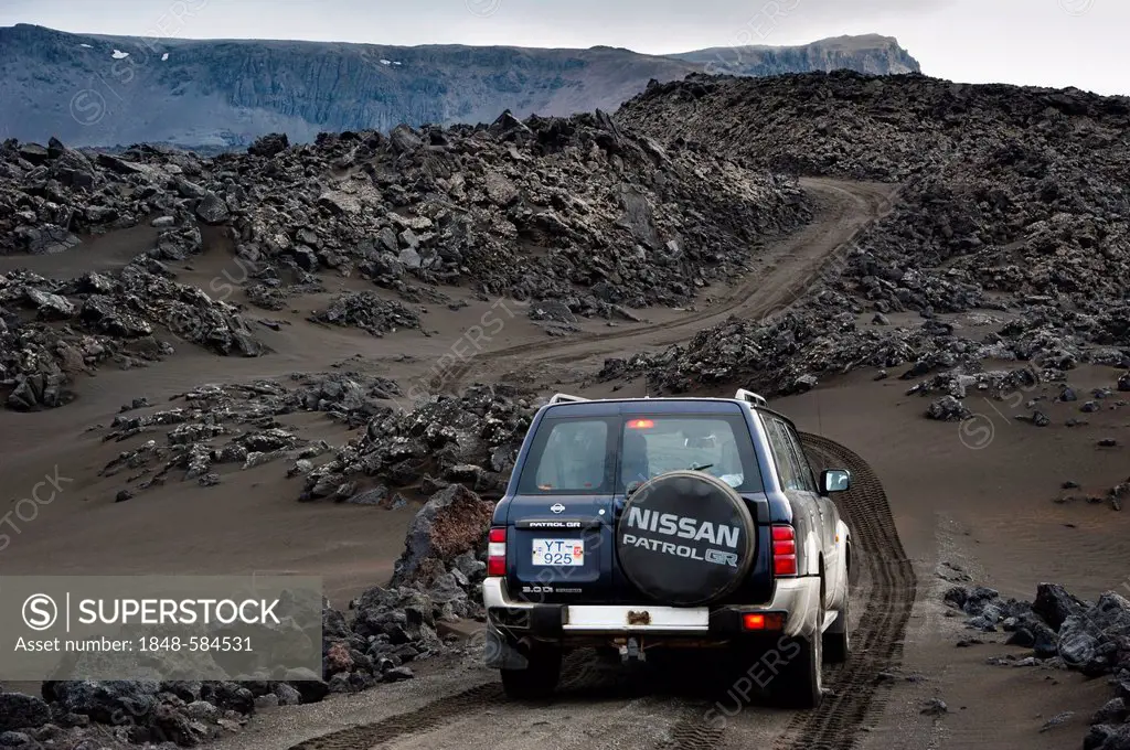 Jeep on the highland dirt road through the lava fields, highland, Iceland, Europe