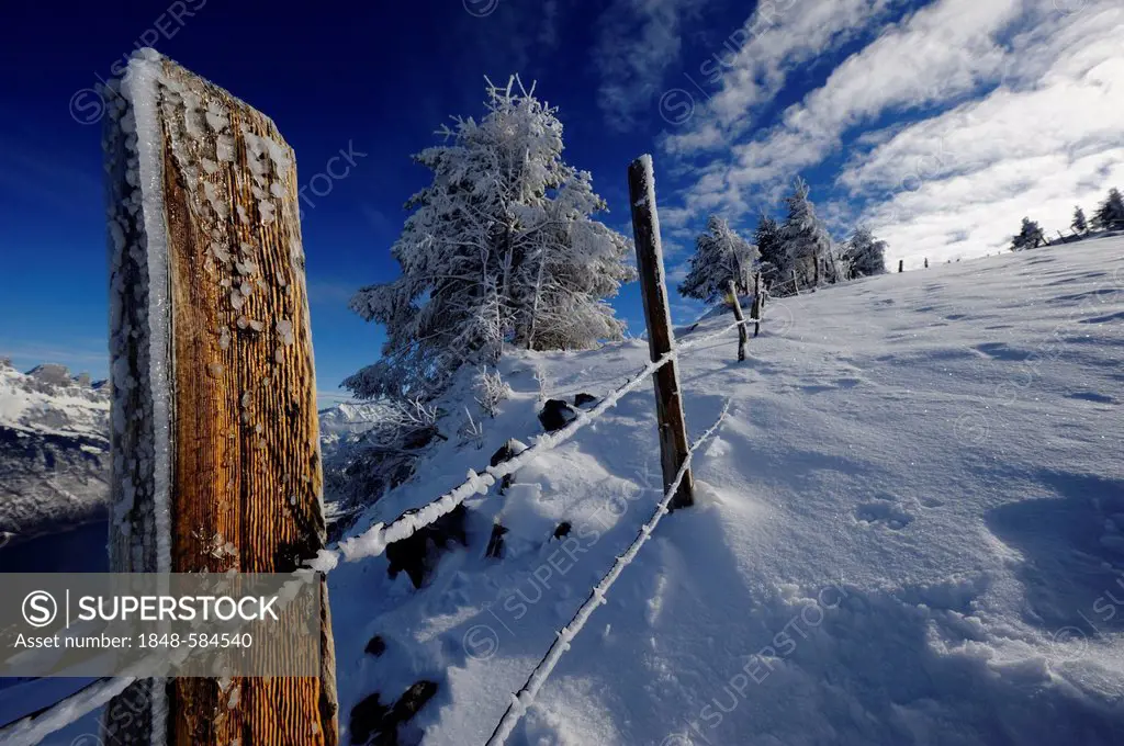 Fence in winter landscape, Firtzstock, Glarus, Eastern Switzerland, Switzerland, Europe