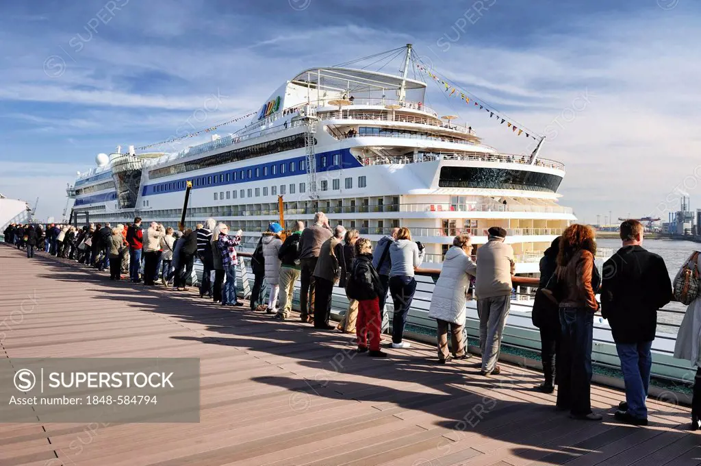 Visitors at the Cruise Centre Altona cruise terminal and cruise ship AIDA Luna in Hamburg, Germany, Europe