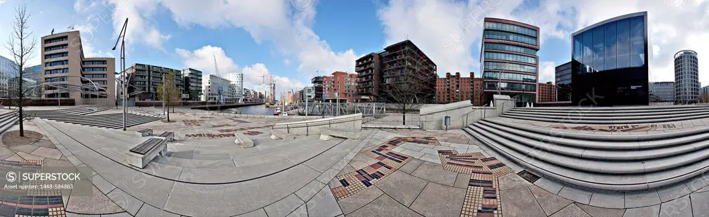 Panoramic view of a part of the new HafenCity district near the Magellan Terraces in Hamburg, Germany, Europe