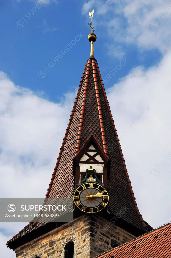 Tower with the clock of the old Fortified Church of St. George from 1797, Effeltrich, Upper Franconia, Bavaria, Germany, Europe