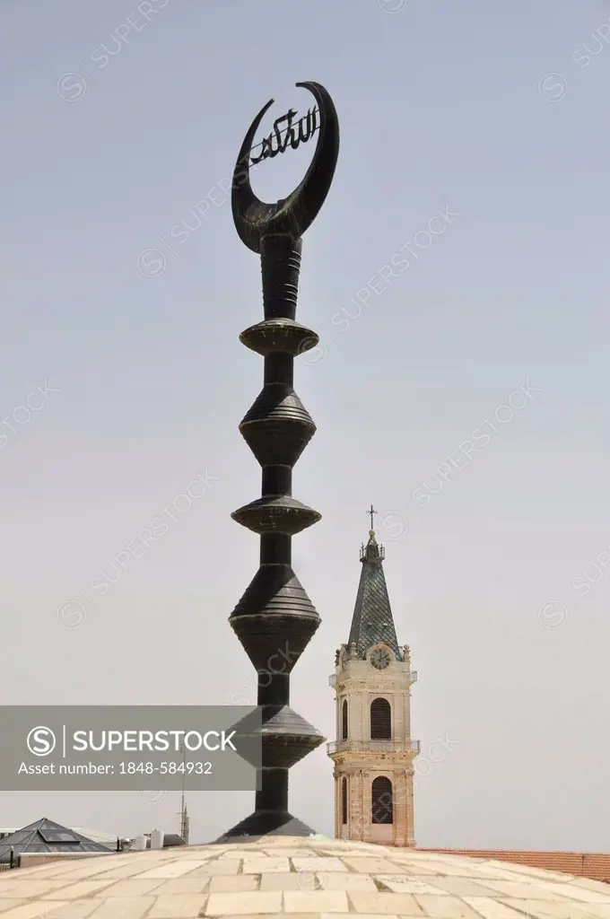 Muslim crescent moon and a church tower, Old City of Jerusalem, Israel, Middle East, Southwest Asia