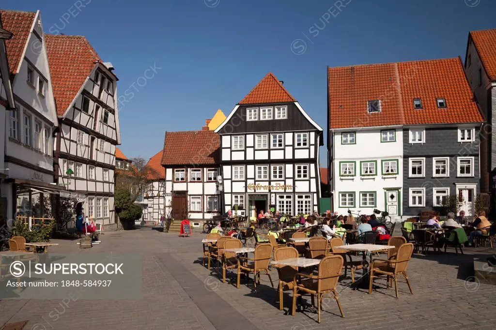 Half-timbered houses and outdoor cafés at Am Vreithof street, Soest, Sauerland region, North Rhine-Westphalia, Germany, Europe, PublicGround