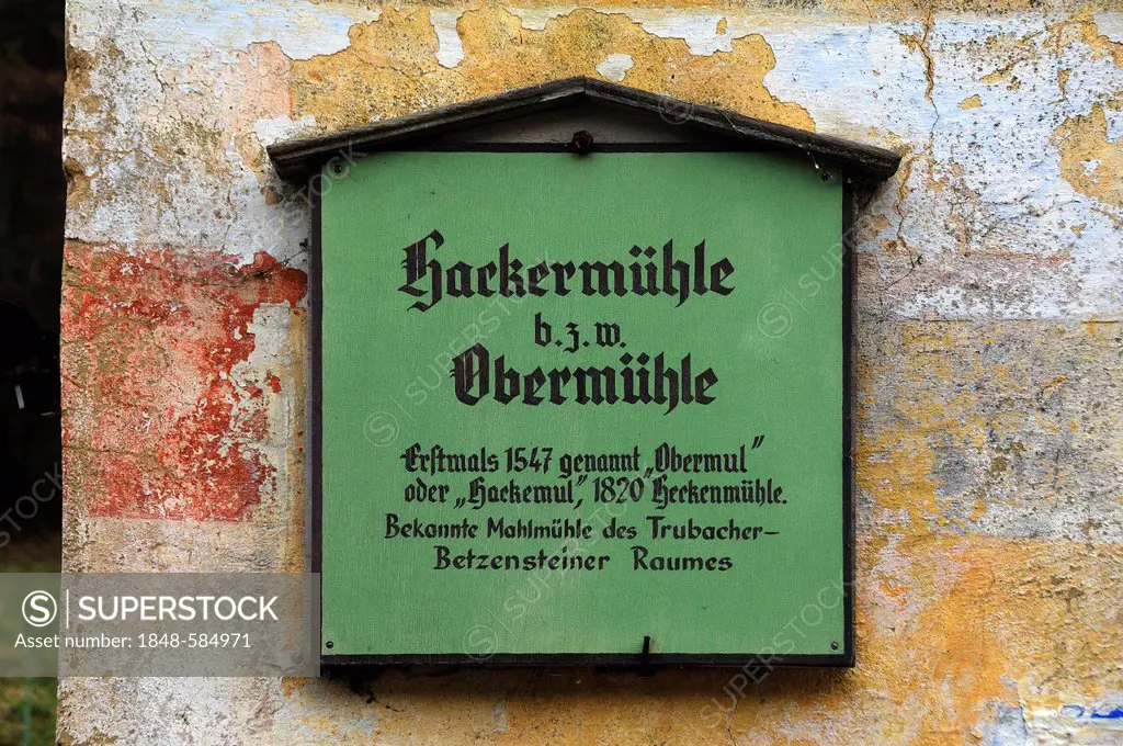 Information board at the old Hackermuehle or Obermuehle mill, Obertrubach, Upper Franconia, Bavaria, Germany, Europe