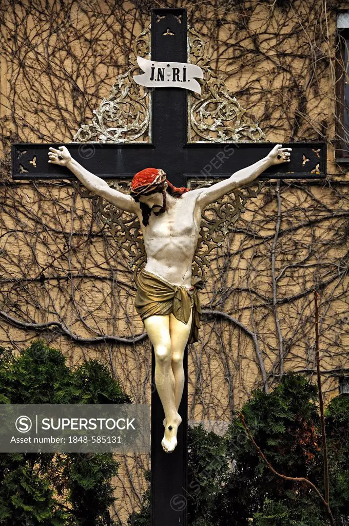 Old cross with Jesus on the roadside, Hauptstrasse street, Effeltrich, Upper Franconia, Bavaria, Germany, Europe