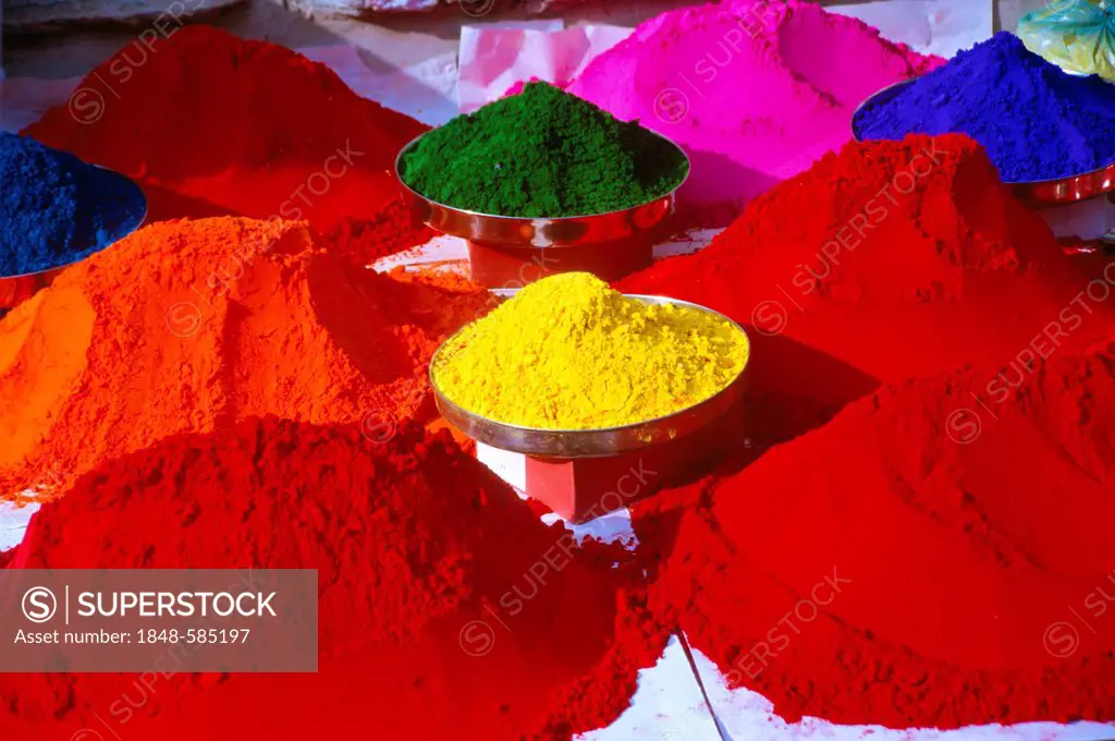 Heaps of colorpowder, used for religious occasions, Rajasthan, India, Asia