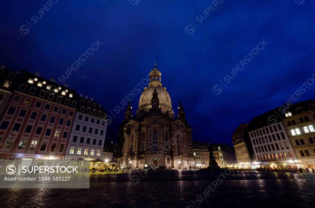 The rebuilt Frauenkirche church, as seen from Neumarkt square at night, Dresden, Saxony, Germany, Europe