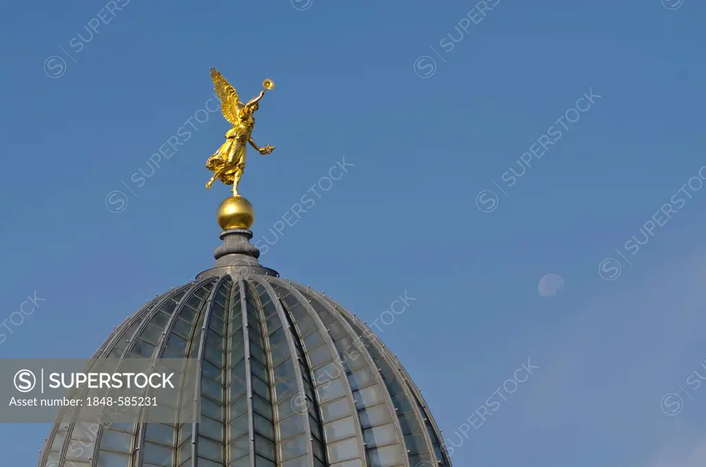 Golden angel sculpture on the cupola of the Dresden Academy of Fine Arts building, Dresden, Saxony, Germany, Europe