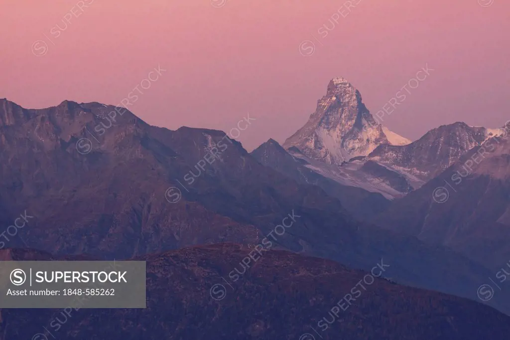 The Matterhorn, 4478m, shortly before sunrise, seen from Moosfluh, Canton of Valais, Switzerland, Europe, PublicGround