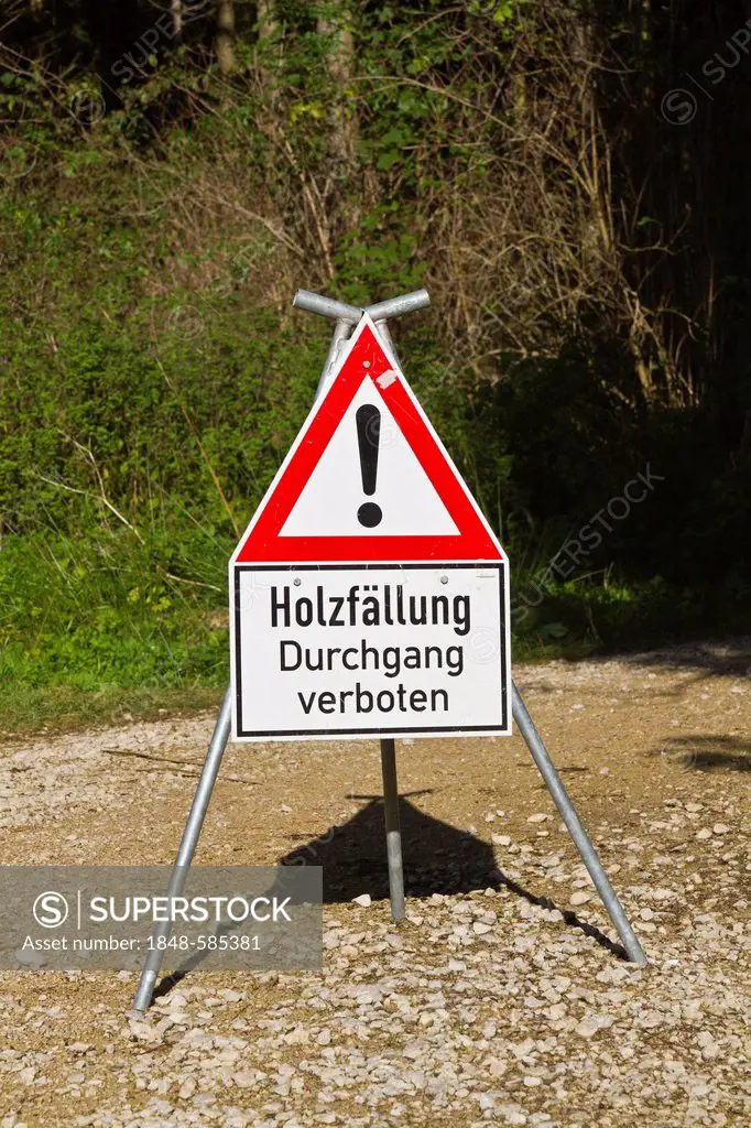 Warning sign, logging, upper Danube valley, Landkreis Sigmaringen district, Baden-Wuerttemberg, Germany, Europe