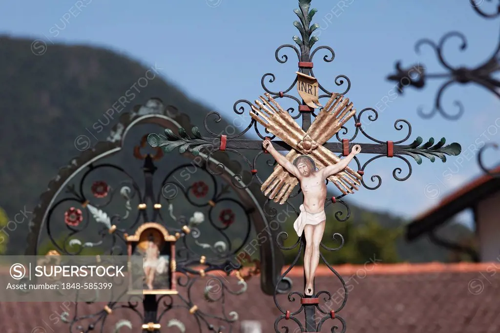 Wrought iron crosses on St Laurentius cemetery, Rottach-Egern, Tegernsee Valley, Upper Bavaria, Bavaria, Germany, Europe