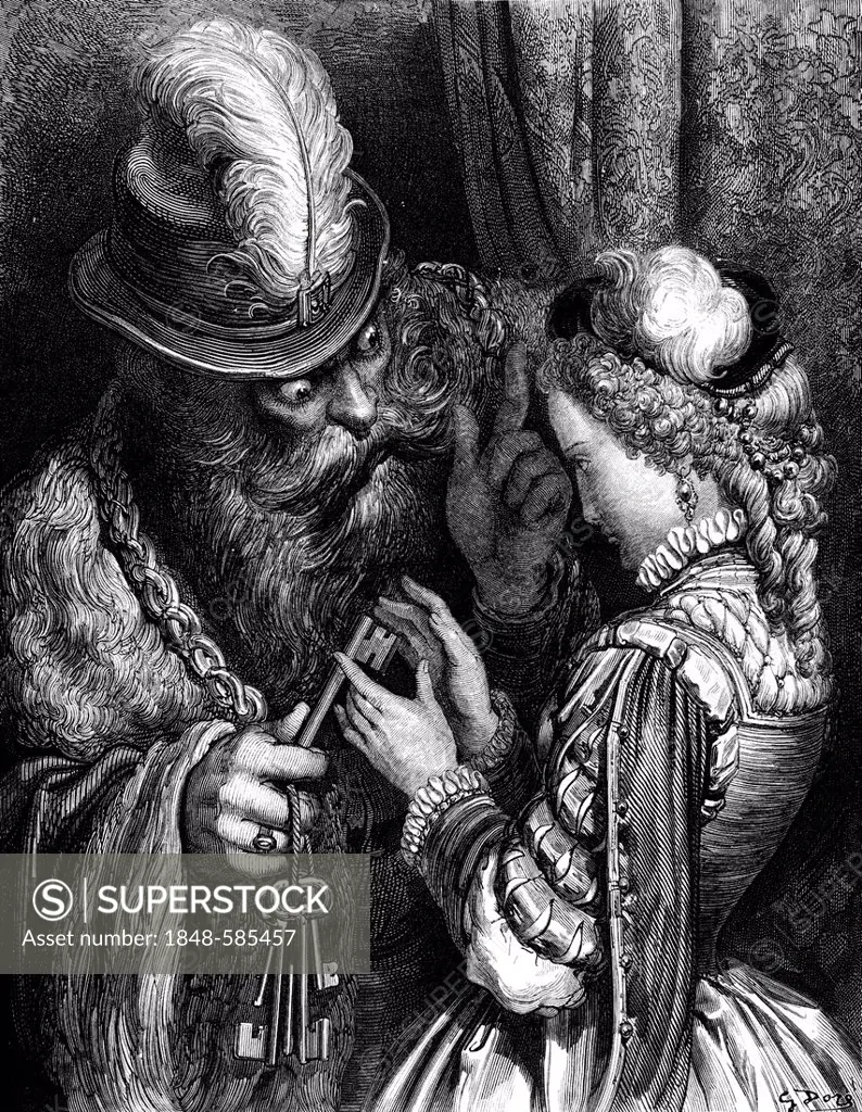 Bluebeard, old man with a beard and keychain instructes a girl, illustration from Perrault's Fairy Tale by Charles Perrault, illustrated by Gustave Do...