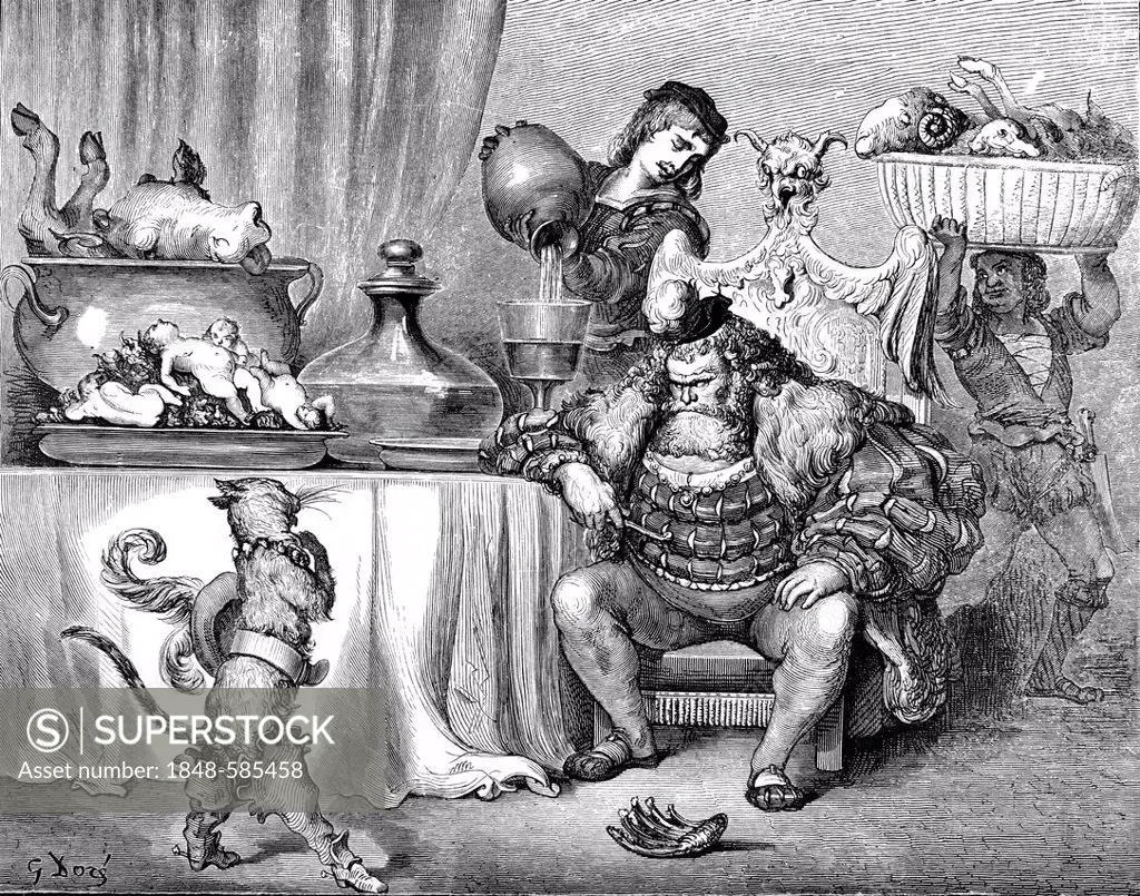 Puss in Boots, king with a beard and servant with delicious dishes in the castle, illustration from Perrault's Fairy Tale by Charles Perrault, illustr...