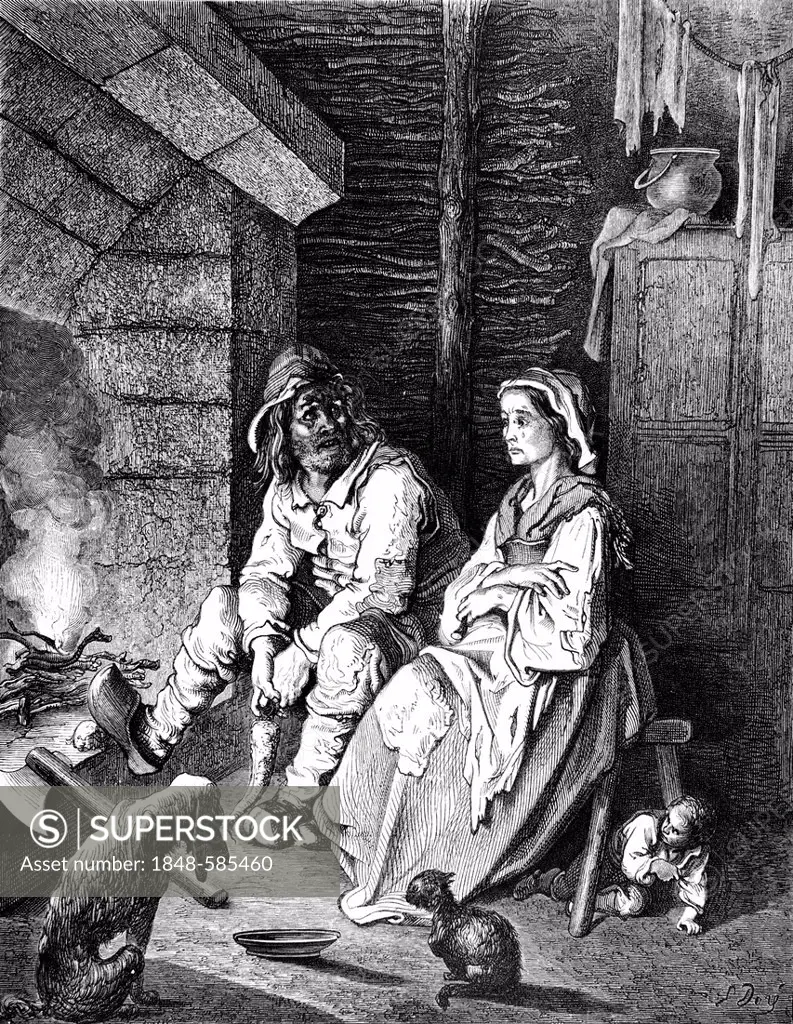The Tom Thumb, father and mother, miserable hut, fireplace, illustration from Perrault's Fairy Tale by Charles Perrault, illustrated by Gustave Dore