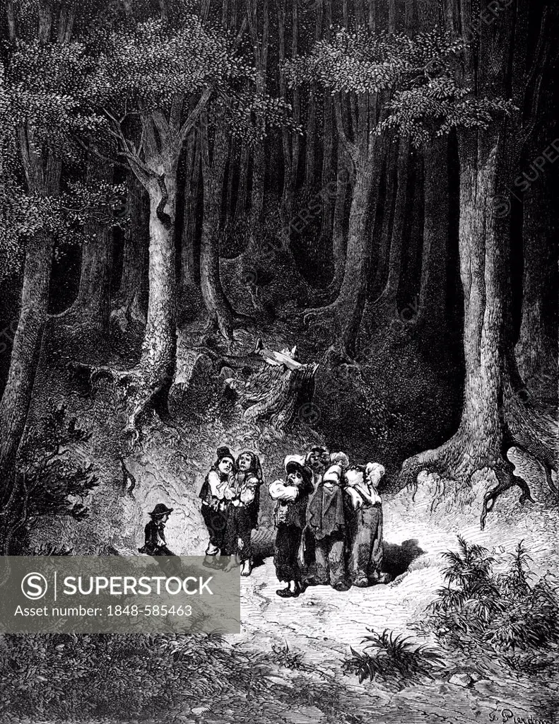 The Tom Thumb, seven little boys alone in the dark forest, illustration from Perrault's Fairy Tale by Charles Perrault, illustrated by Gustave Dore