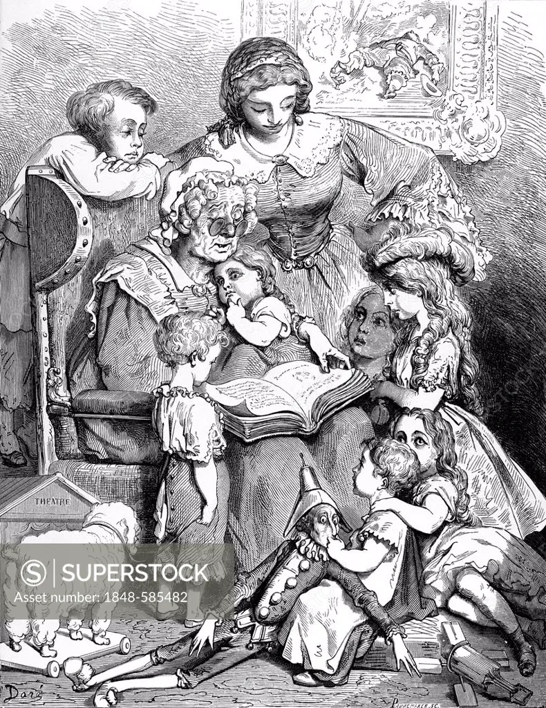 Grandmother reading to children from storybook, illustration from Perrault's fairy tale by Charles Perrault, illustrated by Gustave Dore