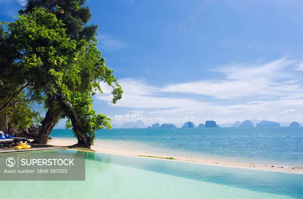 Swimming pool on the beach, Long Beach, overlooking Phang Nga Bay, Koh Yao Noi island, Phang Nga, Thailand, Southeast Asia, Asia