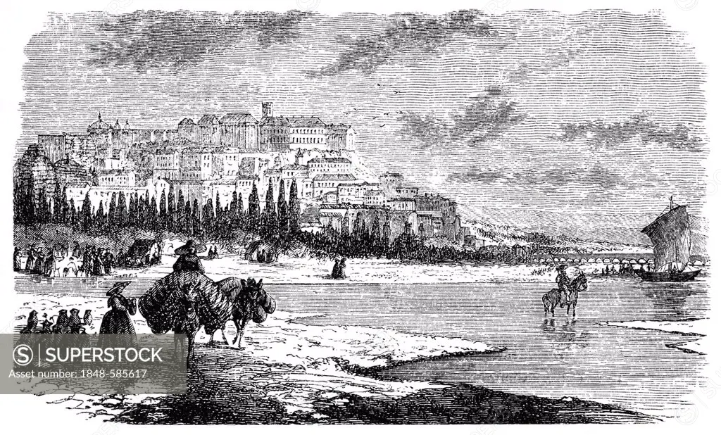 Cityscape of Coimbra, Portugal, historic engraving from the Buch denkwuerdiger Frauen or book of memorable woman, published by Otto Spamer, 1877
